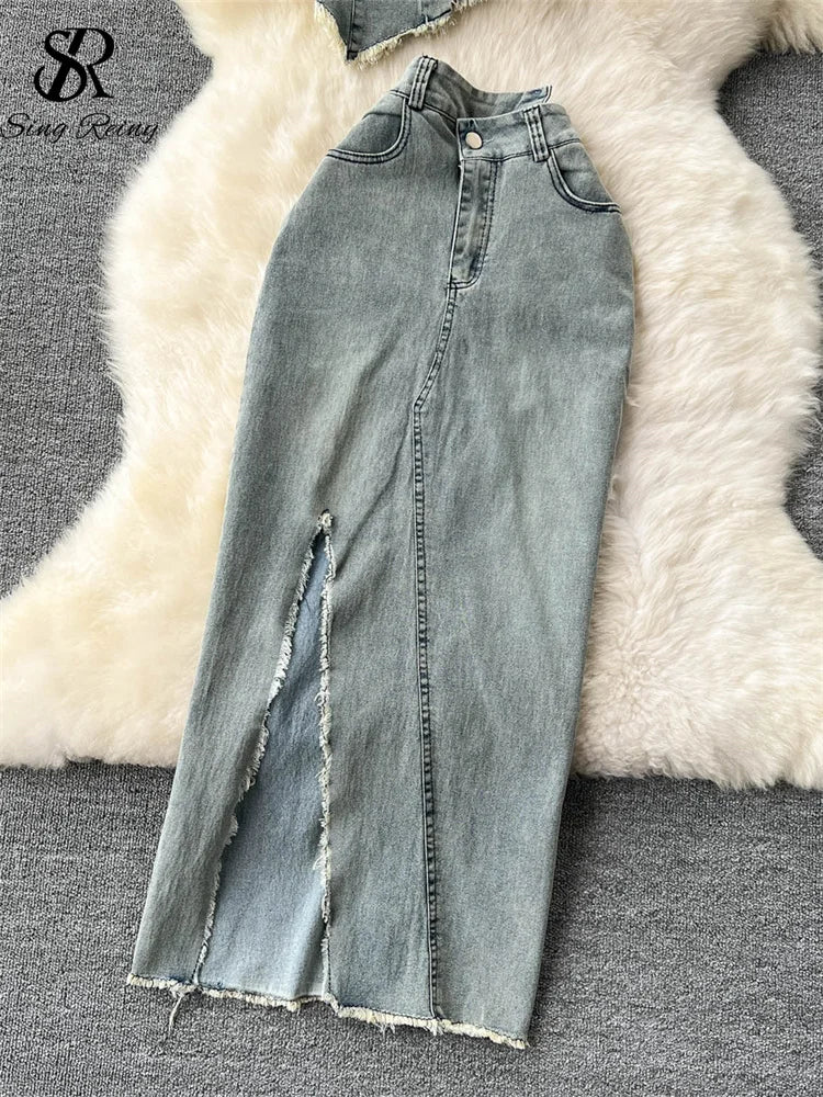 SINGREINY Irregular Denim Strapless Button Ruched Top + High Waist Pocket Split Skirt Set