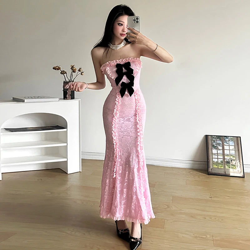 Bow Pins Floral Lace Maxi Dress