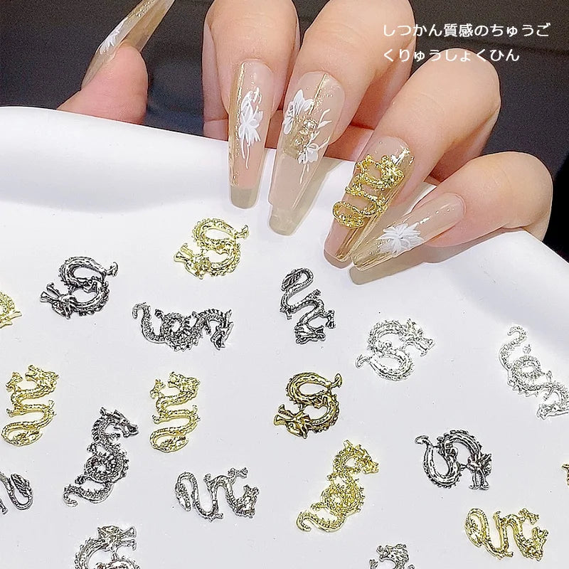 TSZS 10pcs/lot 2024 3D Alloy Silver Gold Chinese Dragon Nail Decorations New Year Chinese Dragon Nail Art Charms