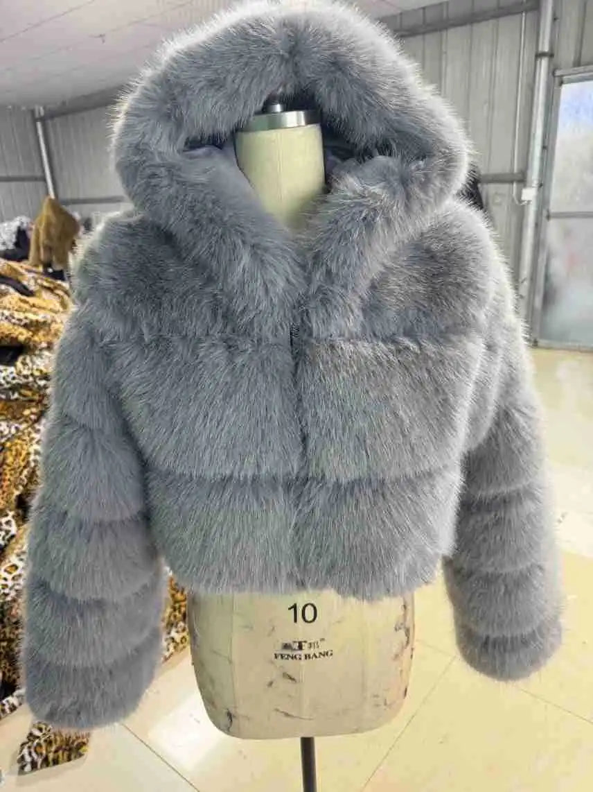 Women Faux Fox Fur Coats Short Work Fur Jackets Spliced Hooded Long Sleeves Thick Warm Fur Loose Y2k Casual 2025 Autumn Winter