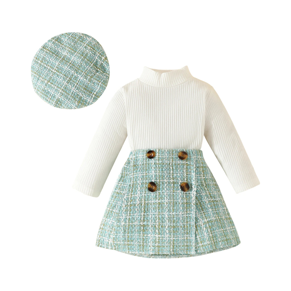 Long Sleeve Tops Plaid Pattern Skirt Beret 3 Piece Set