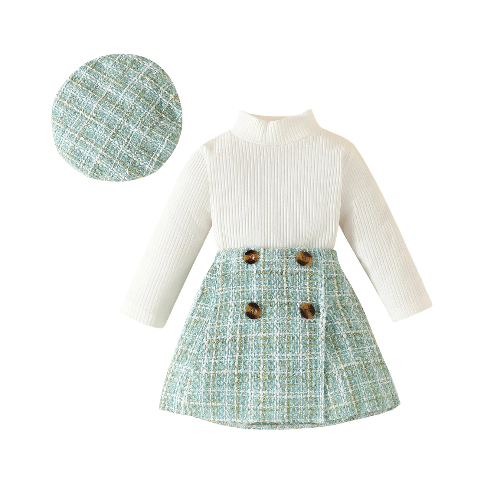 Long Sleeve Tops Plaid Pattern Skirt Beret 3 Piece Set