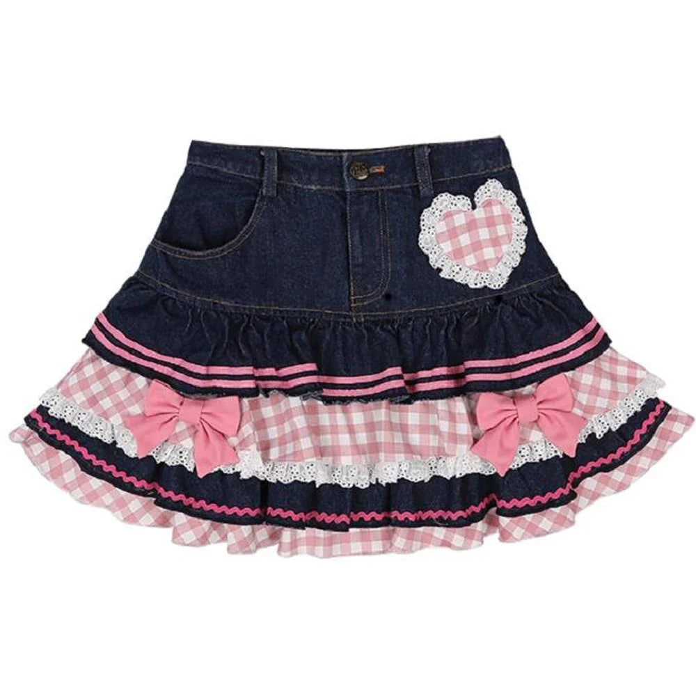 Gingham and Denim Tiered Ruffle Mini Skirt