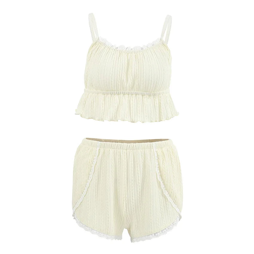 Women Pajamas Summer Fashion Lace Trim Ruffle Hem U-Neck Strap Cable Textured Cami & Casual Home Shorts Set Sleepwear