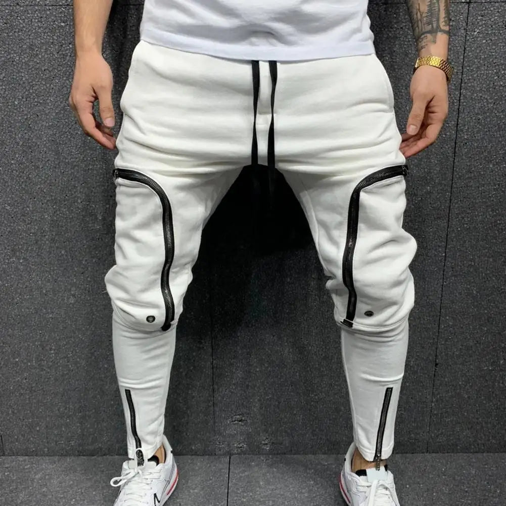 Solid Color Drawstring Casual Multi Zippers Pockets Trousers