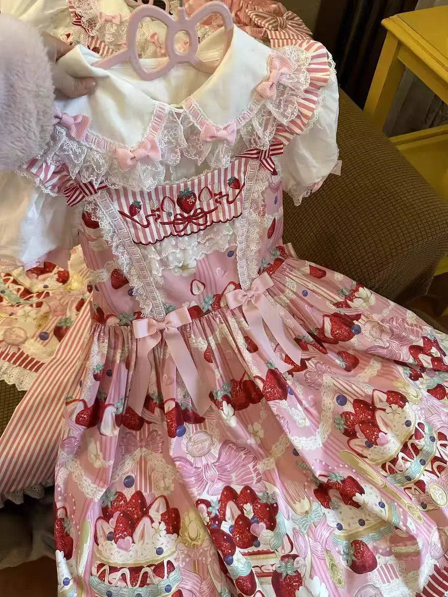 Strawberry Cake Print Suspenders Dress