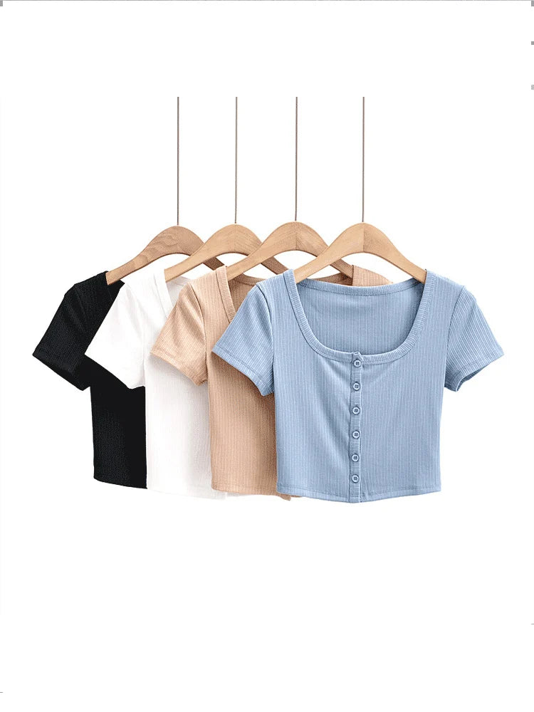 Rib Button Through Short Sleeve Top