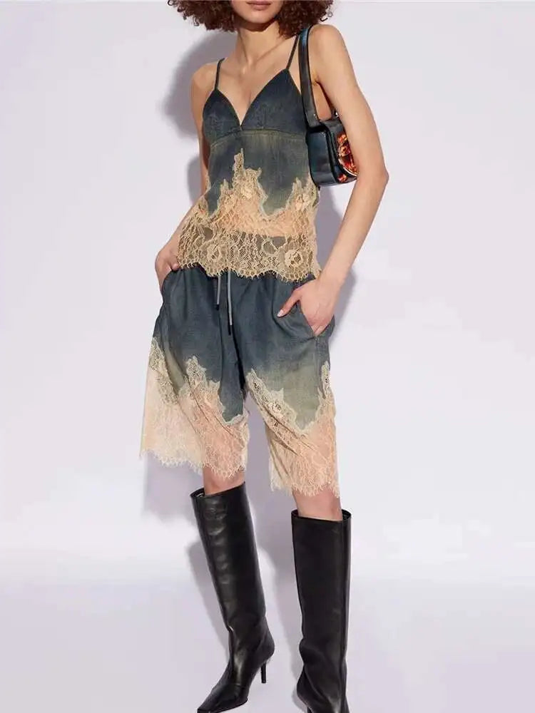 DEAT 2 Pcs Set Denim Lace Backless Tank Tops High Waist Lace-up Pockets Knee Length Shorts