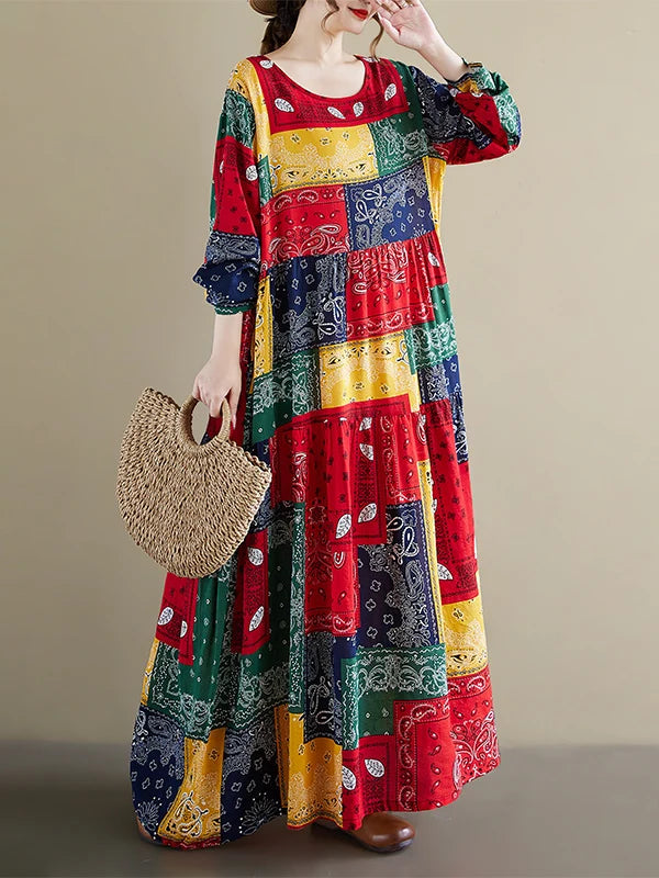 Round Neck Long Sleeve Gingham Pleated Dress