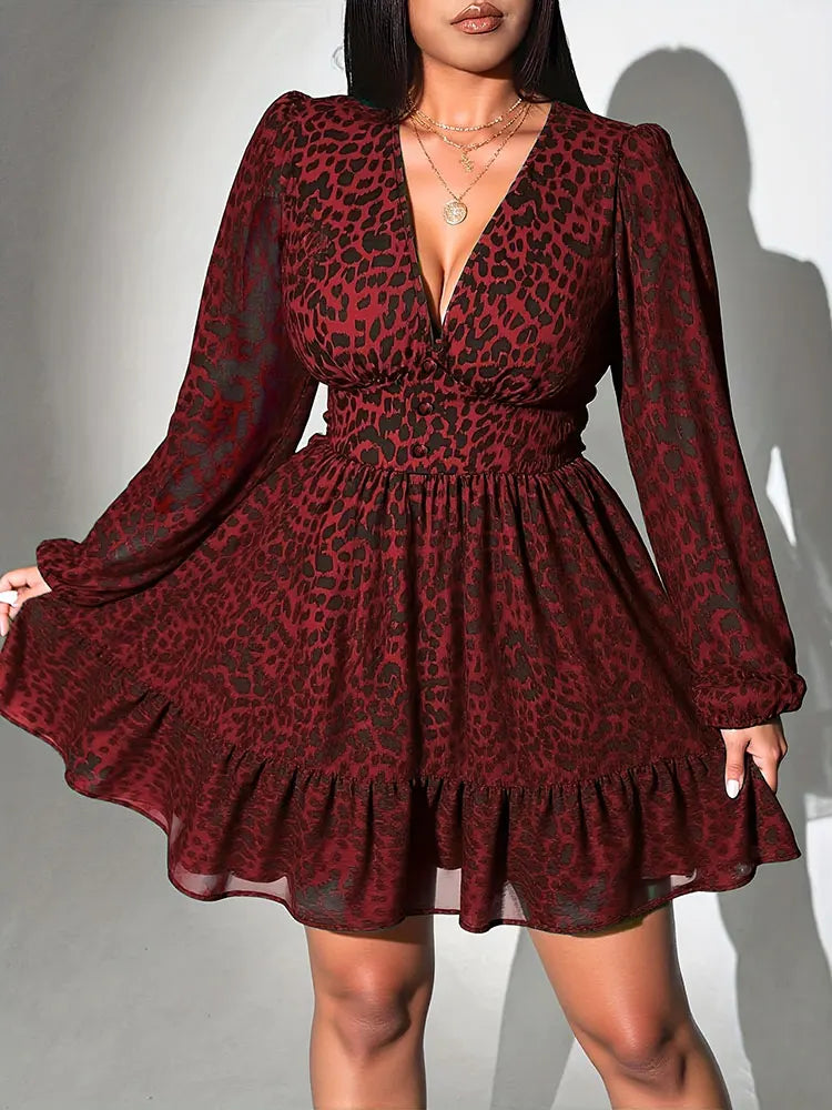 V-Neck Leopard Print Long-Sleeve Dress
