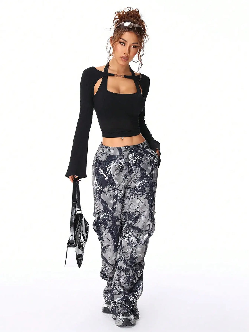 Halter Neck Chain Button Long Sleeve Faux Two-Piece Top