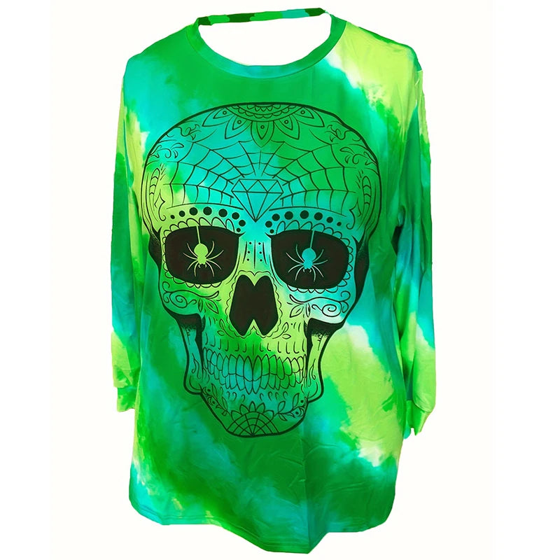 Abstract Skull Print Tie Dye Long Sleeves Crew Neck Loose Fit Tunic Top