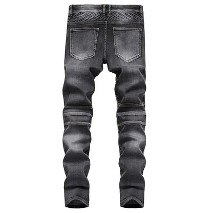 メンズカジュアルモーターサイクルジーンズ ストレッチ ストレート ファッション 男性 ヒップホップ ストリートライディング スリムパンツ パッチワーク デニムトラウザーズ