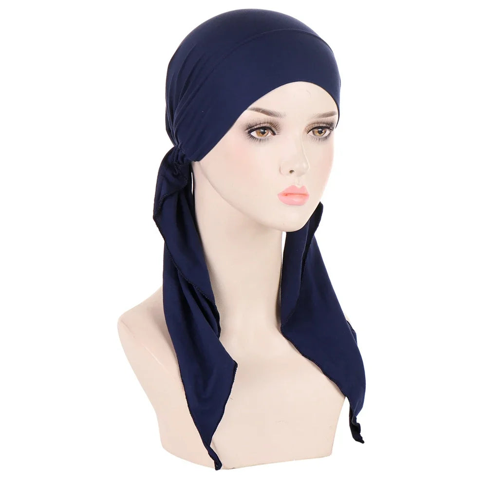Shiny Glitter Elastic Solid Color Pre-Tied Hijabs Wrap Head Scarf Muslim Turban Bonnet for Women Inner Hat Turbantes Caps Mujer