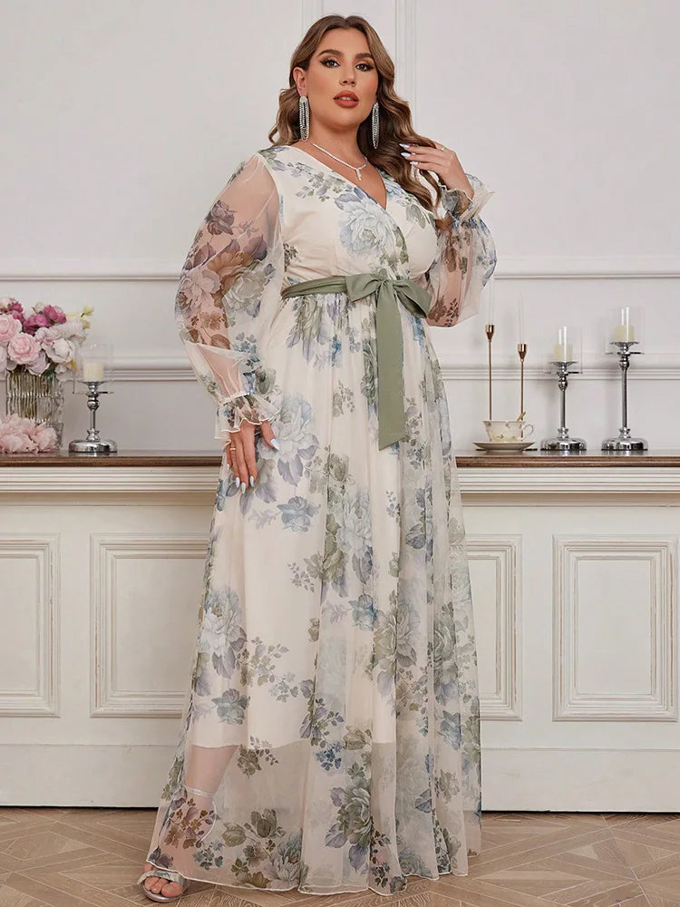 TOLEEN Floral Print V-Neck Spliced Mesh Dress