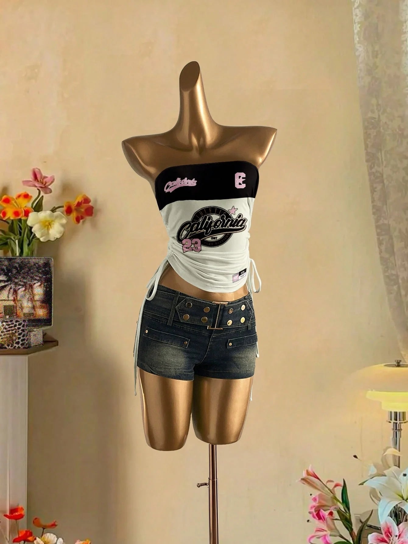 Drawstring Tie Front Cutaway Tapered Tube Top