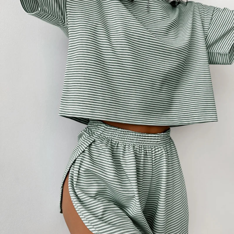 Knitting Stripes Pajamas Short Sleeve Shorts Set