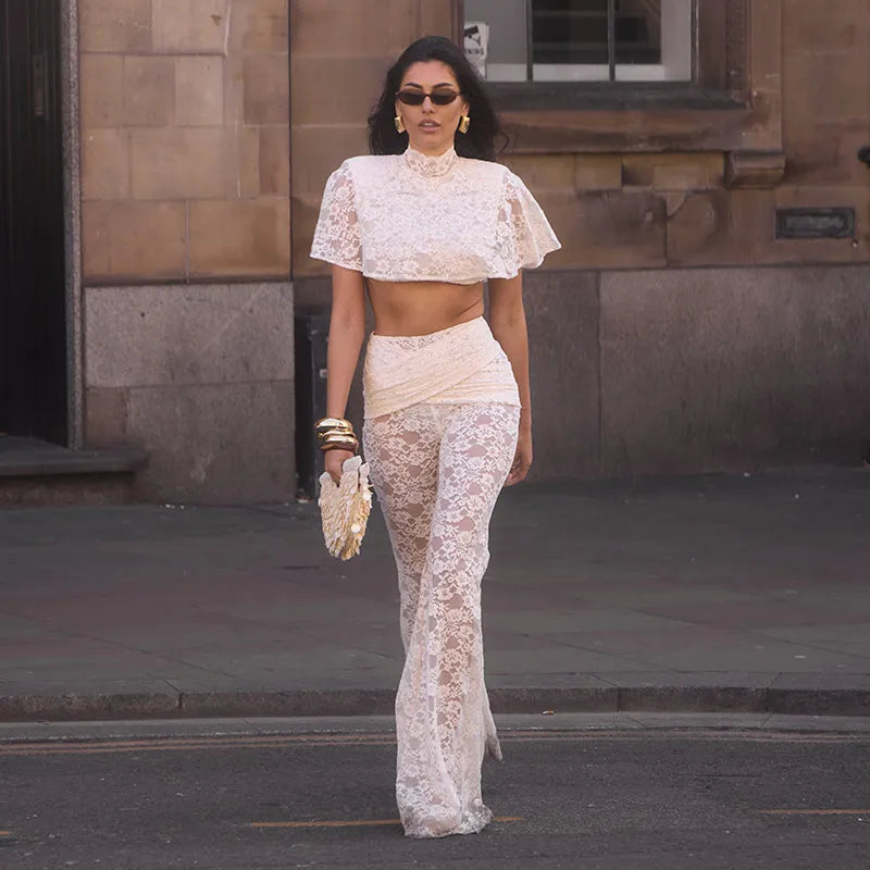 Lace Cape High Neck Cropped 2Pcs Set