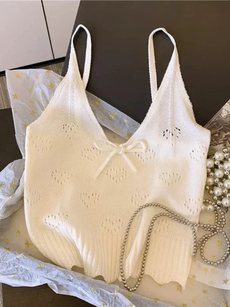 Solid V-Neck Eyelet Spaghetti Top