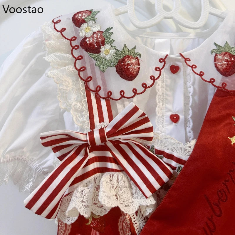 Peter Pan Collar Strawberry Embroidery Blouse