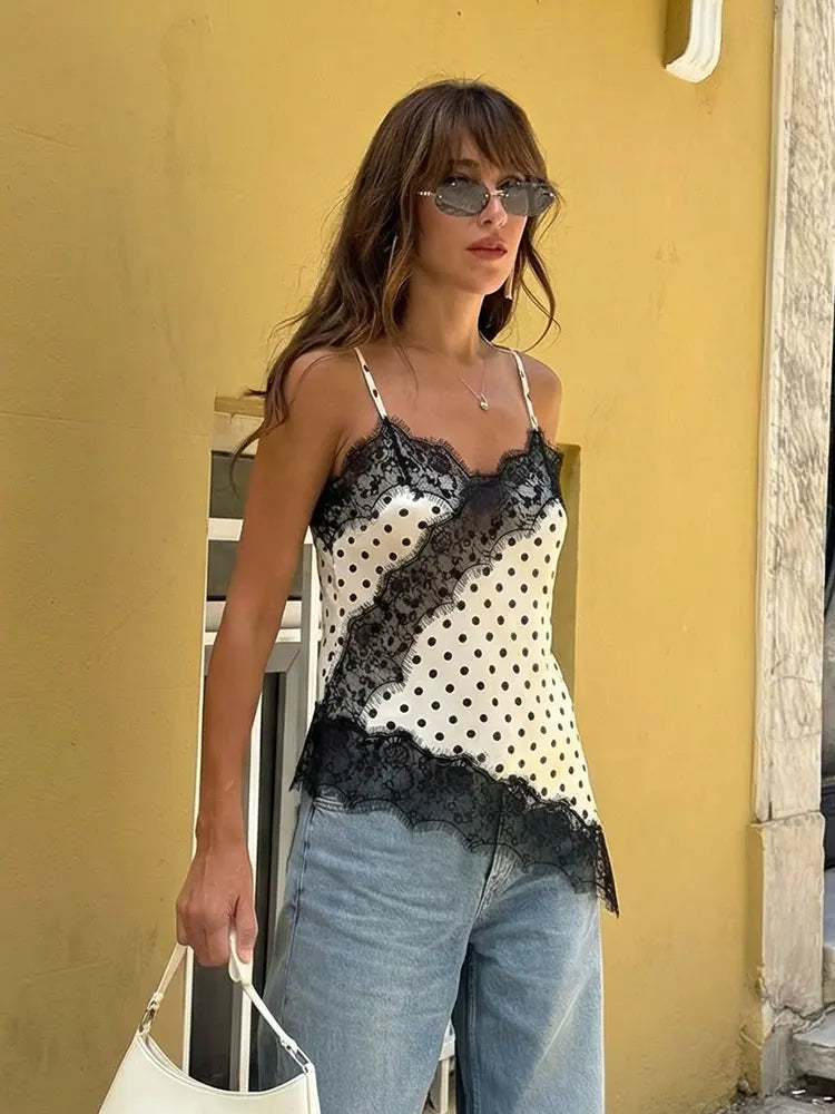 Polka Dot Lace-Trim Satin Camisole