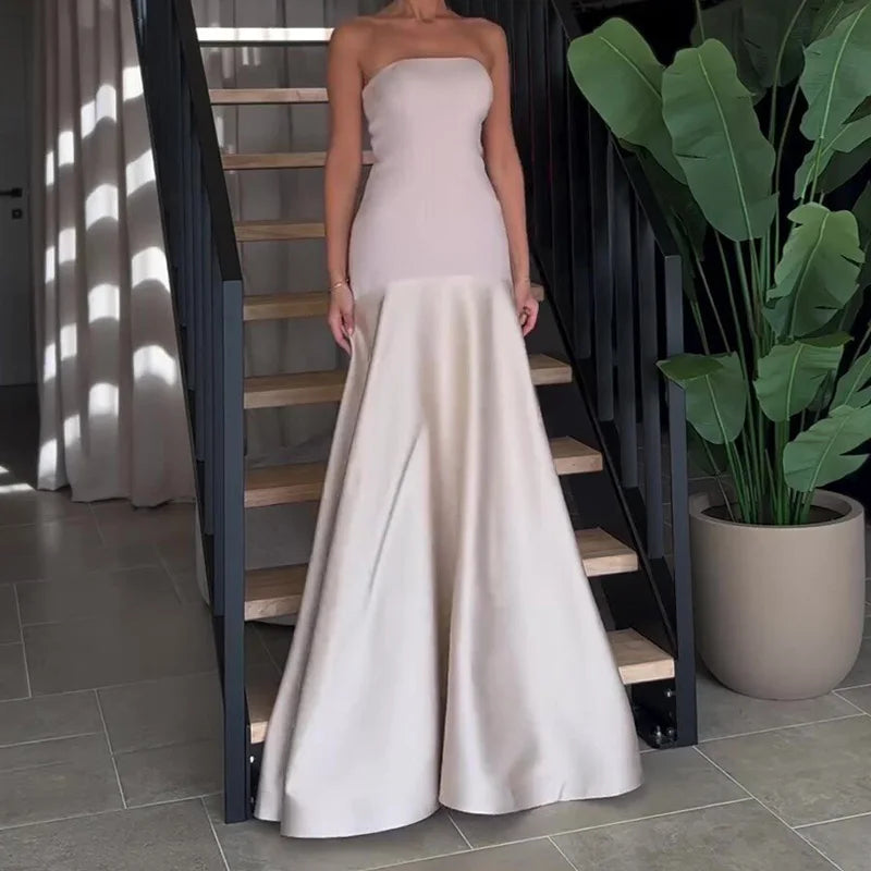 Strapless Drop-Waist Satin Maxi Gown