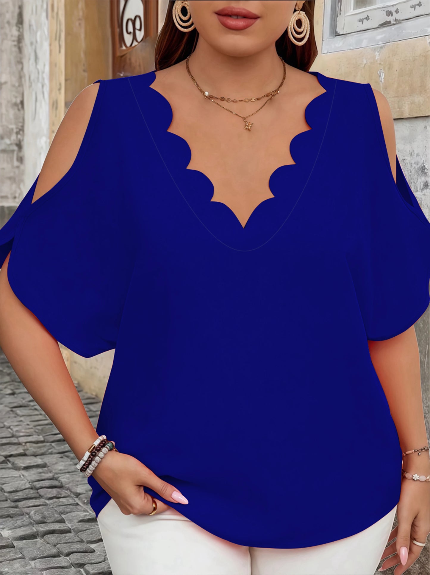 Off-Shoulder Wave V-Neck T-Shirt