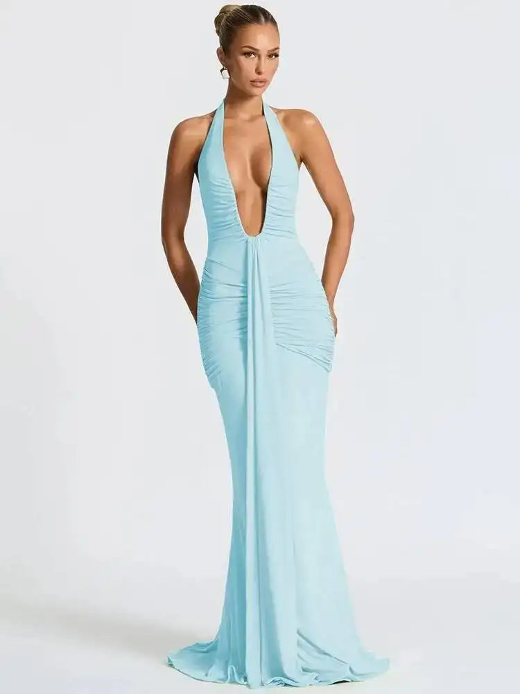 Deep V Neck Backless Ruched Maxi Dress