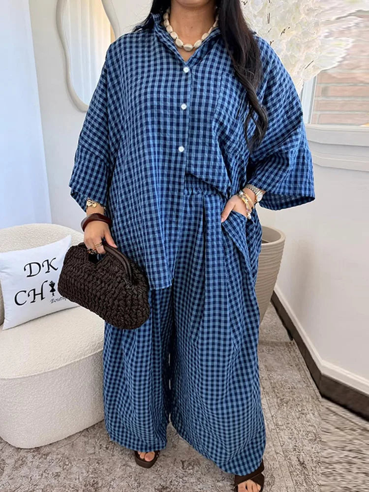 Turn-down Collar Full Sleeve Shirt Loose Bottom Plaid Set