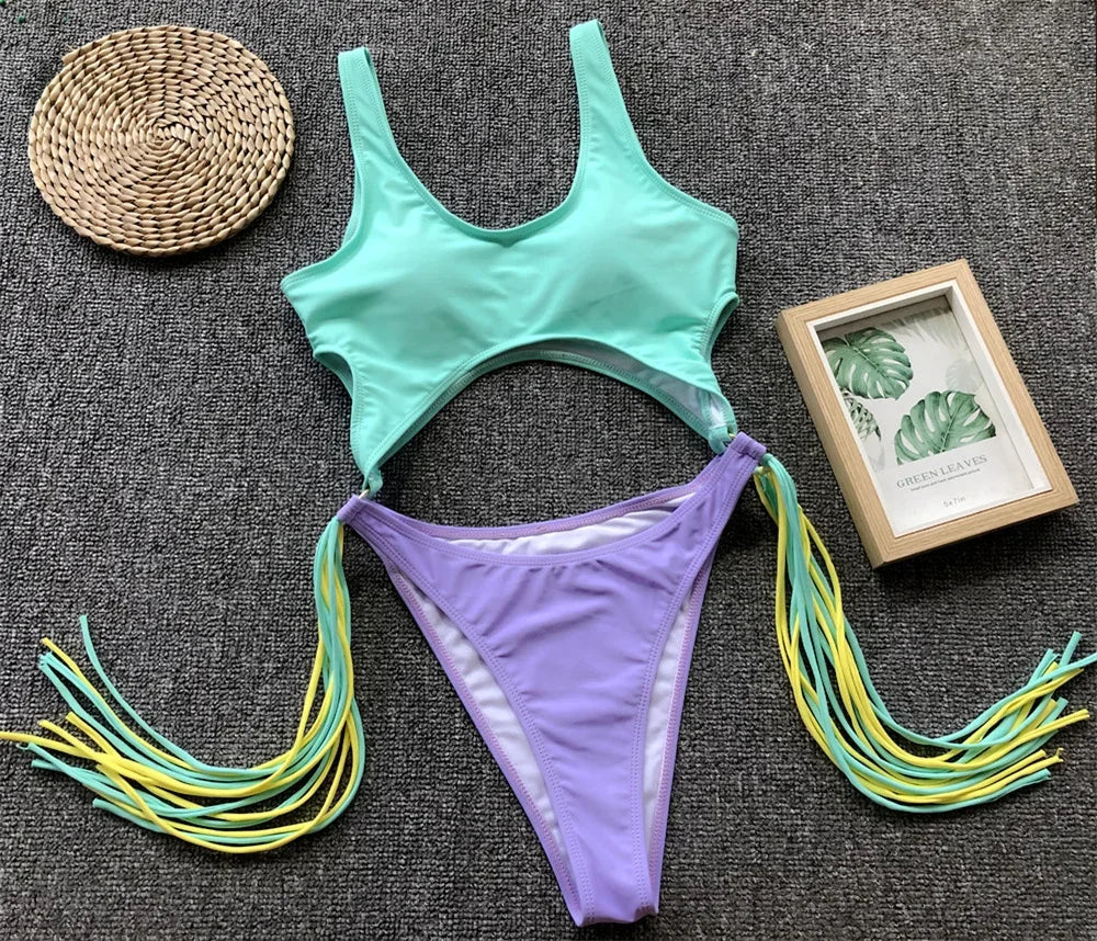 Patchwork Fringe Cut Out Rings Monokini