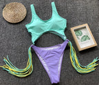 Patchwork Fringe Cut Out Rings Monokini