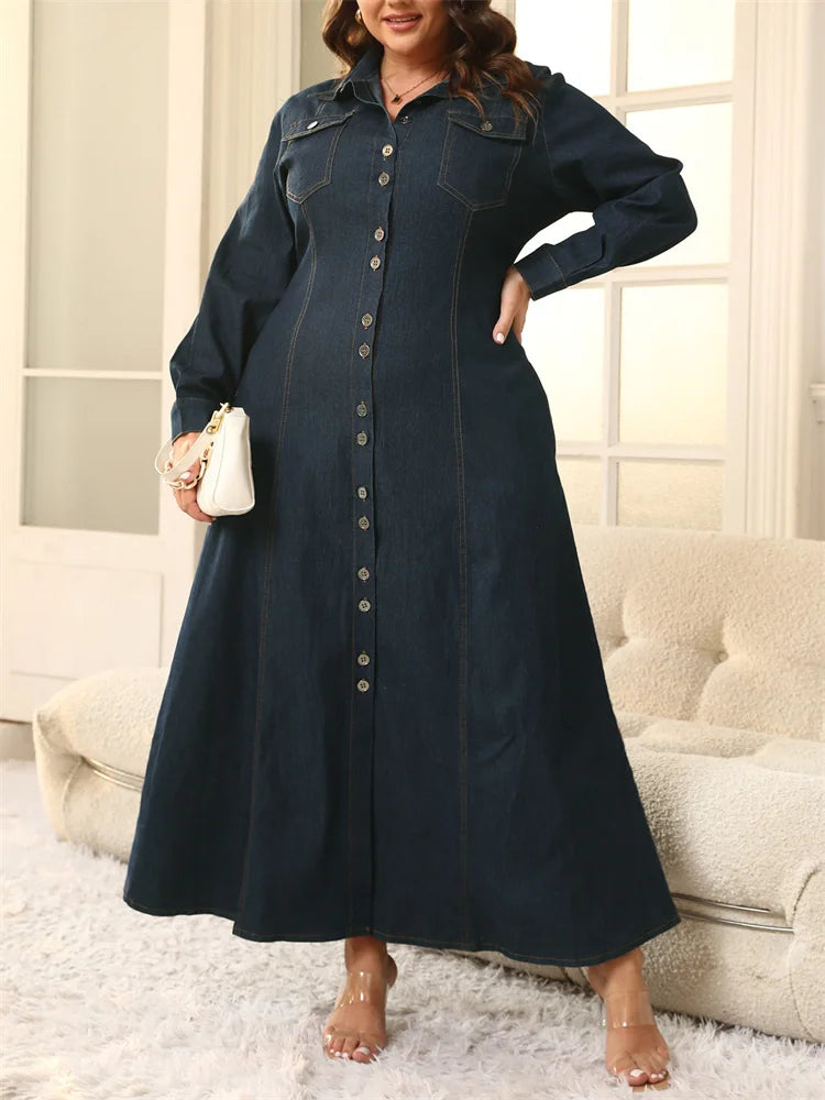 Denim Button Solid Maxi Dress