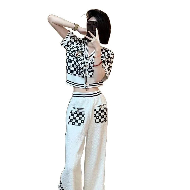 Knit Tracksuit Set - Black & White Checkerboard Short Sleeve Cardigan and Wide-Leg Lounge Pants