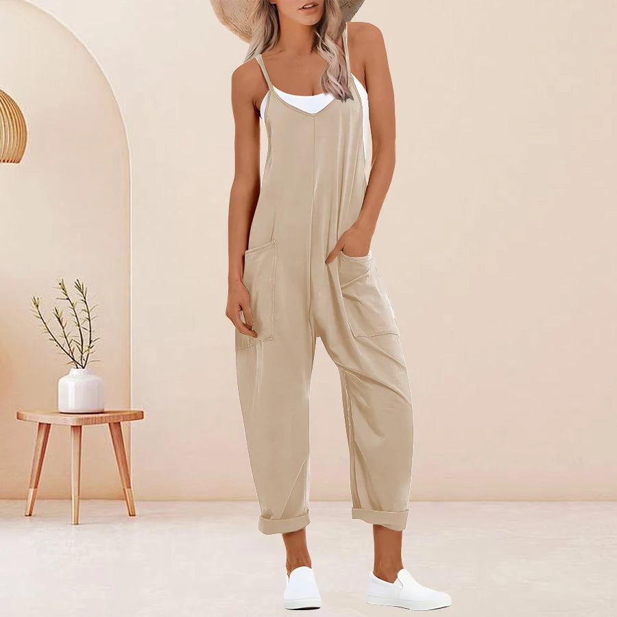 Solid Sleeveless V Neck Overalls with Slip Pockets