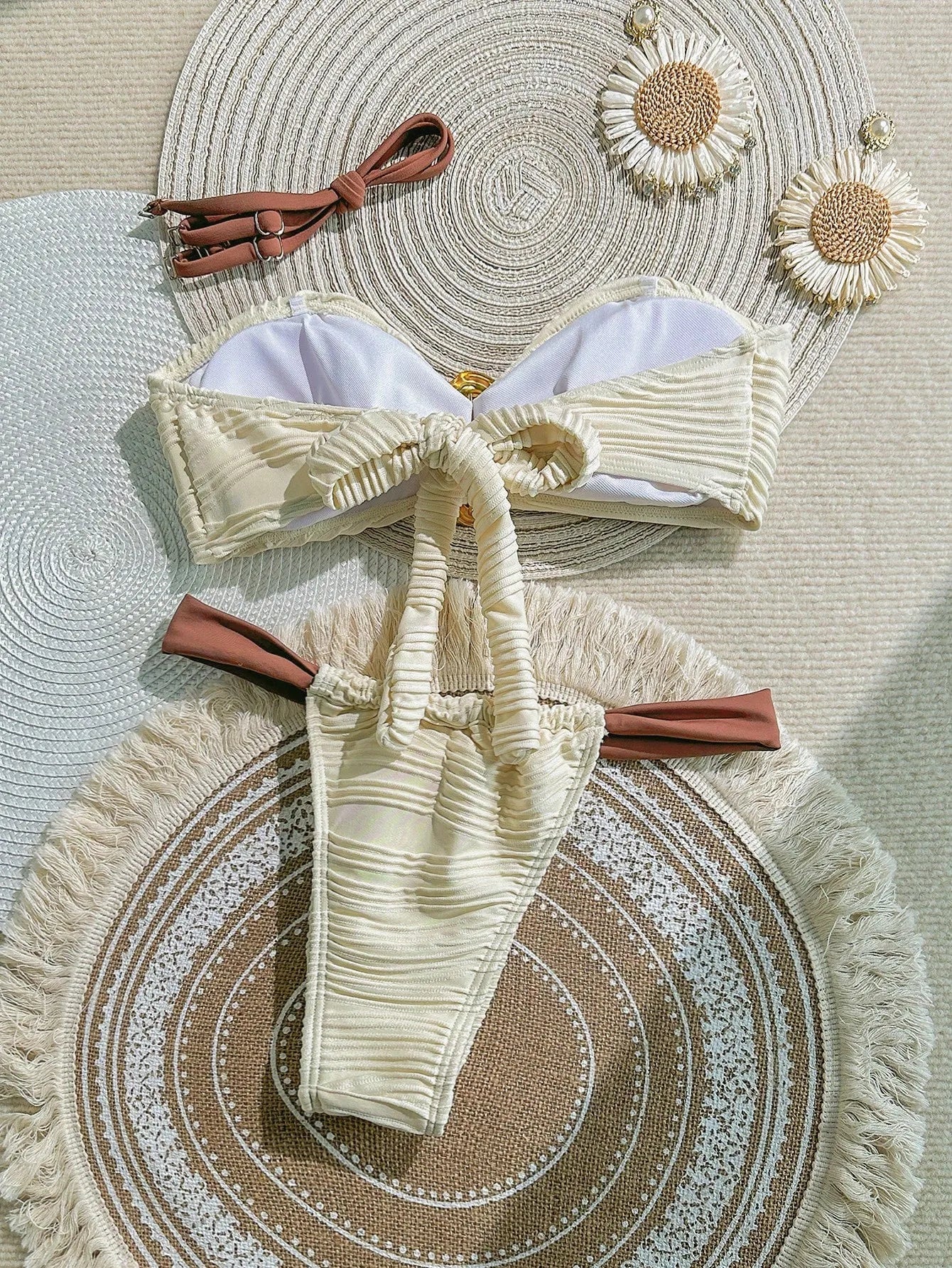 Textured Bandeau Bikini Set with Gold Detail & Terracotta Straps