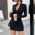 Solid Zipper Deep V-Neck Dress