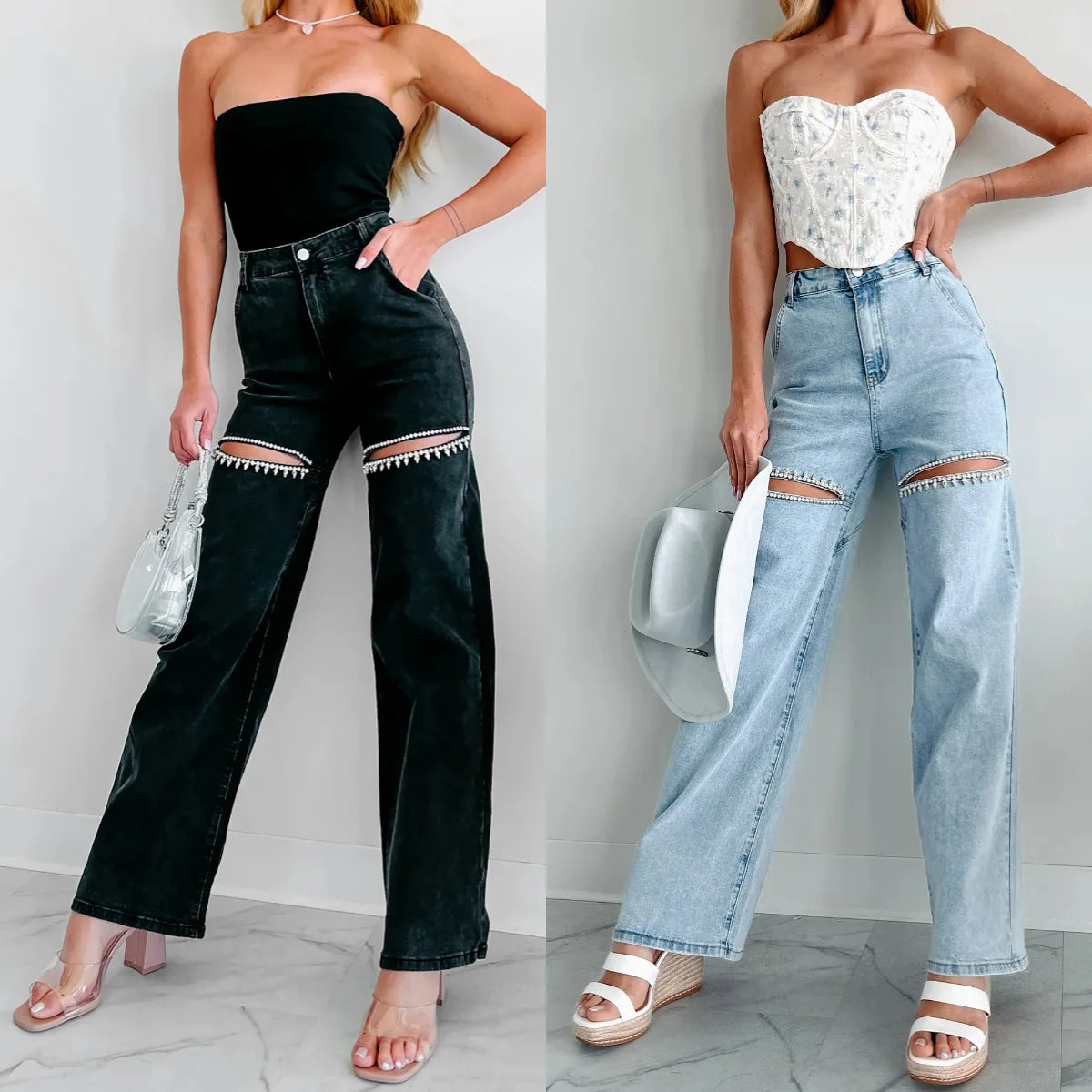 High-Waisted Wide-Leg Jeans with Rhinestone Fringe Thigh Cutouts