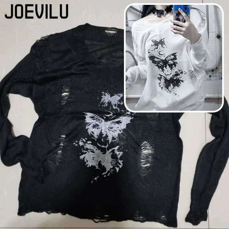 Graffiti Butterfly Hollow-Out Knit Top