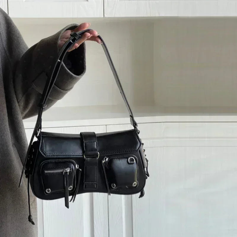 Faux Leather Multi-Pocket Baguette Handbag
