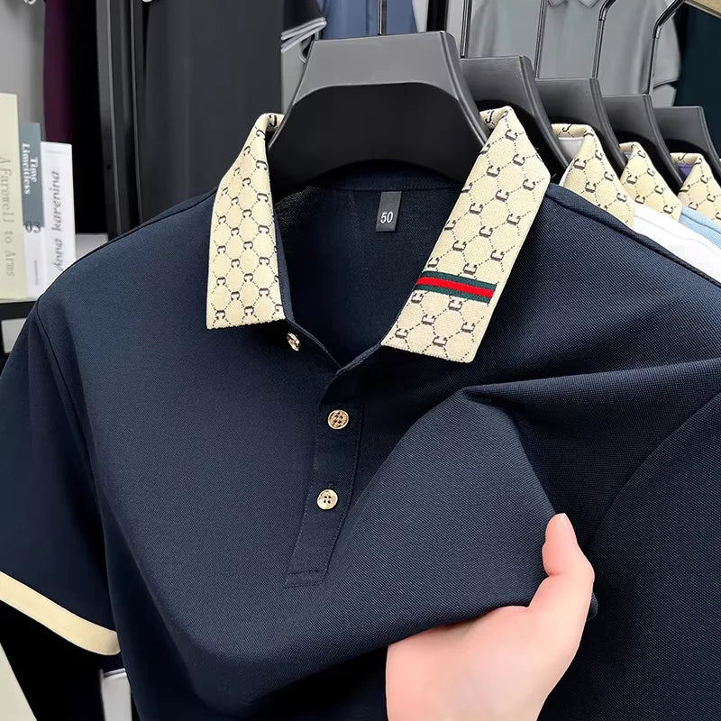 Short-Sleeve Polo with Geometric Print Collar Detail