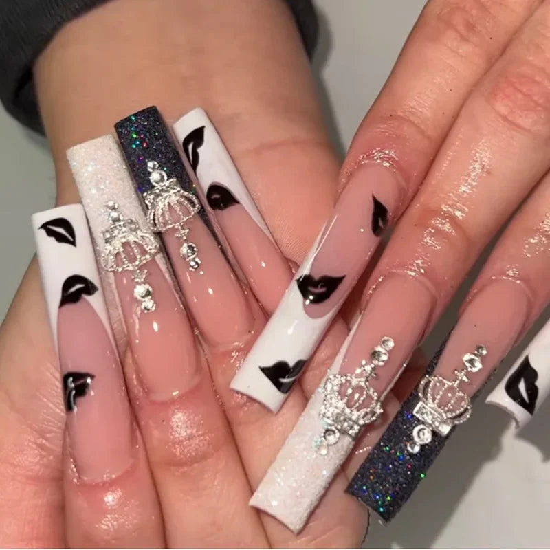 Sea Wave Carp Japanese Style Doodle False Nails Detachable Nude Pink Long Coffin Fake Nails with Glue Full Cover Press on Nails