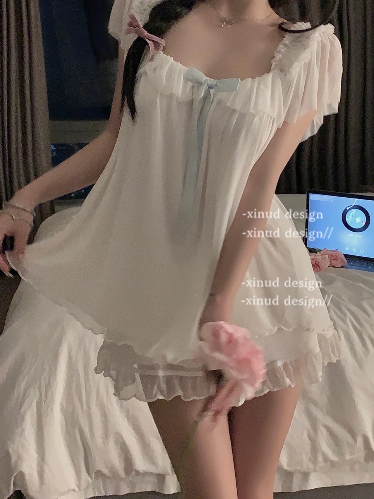 French Sweet Bow Strap Neck Crop Top Set