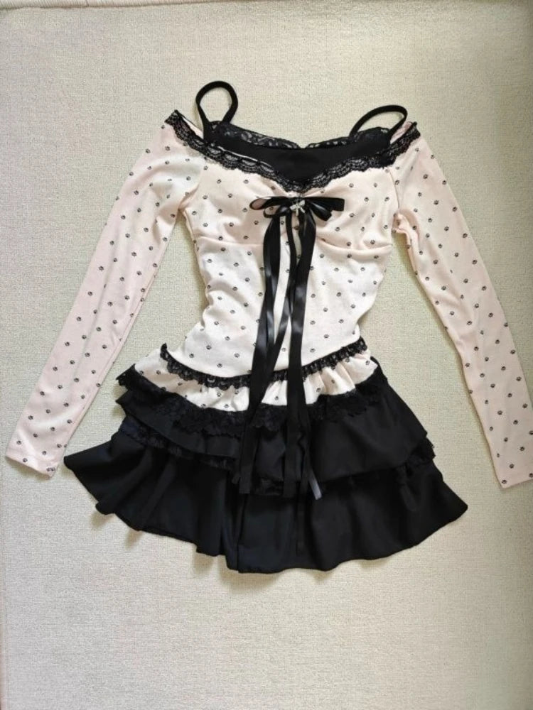 Bowknot Polka Dot Tops + Skinny Black Dress Set