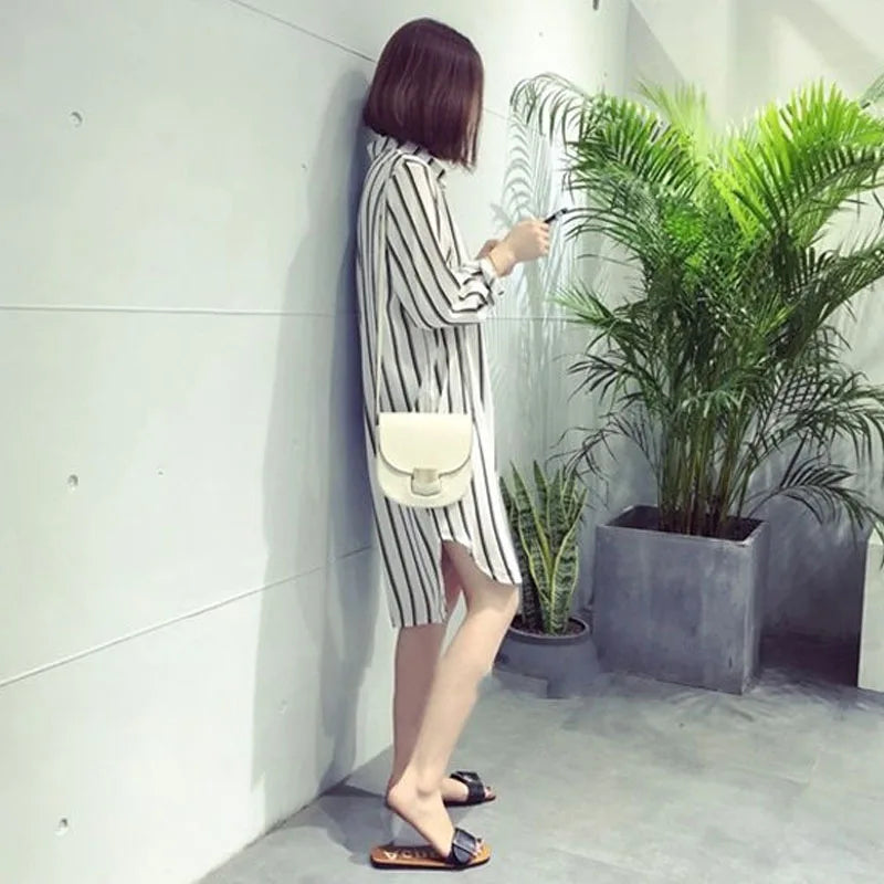 Long Sleeve Striped Printed Shirt Dress