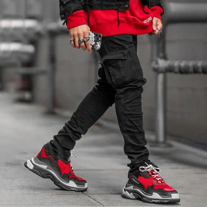Slim Fit Cargo Denim Pants with Side Utility Pockets
