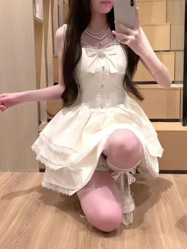 ZHUOLIN Sweet Bow Patchwork Solid Dress