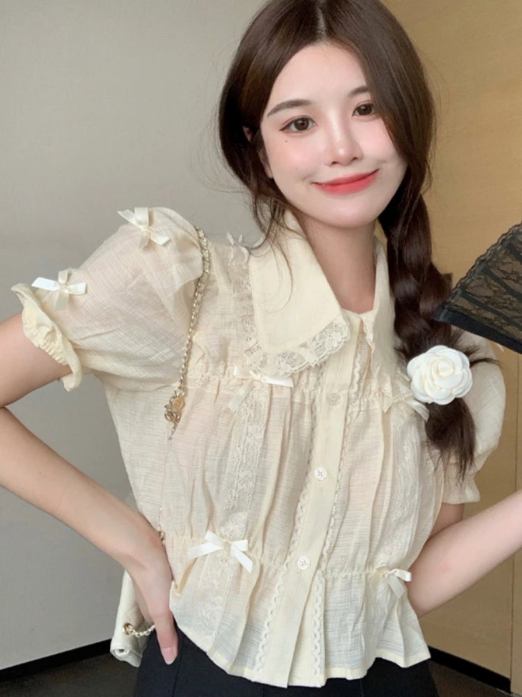 Puff Short Sleeve Button Down Shirt with Ribbon Bows
