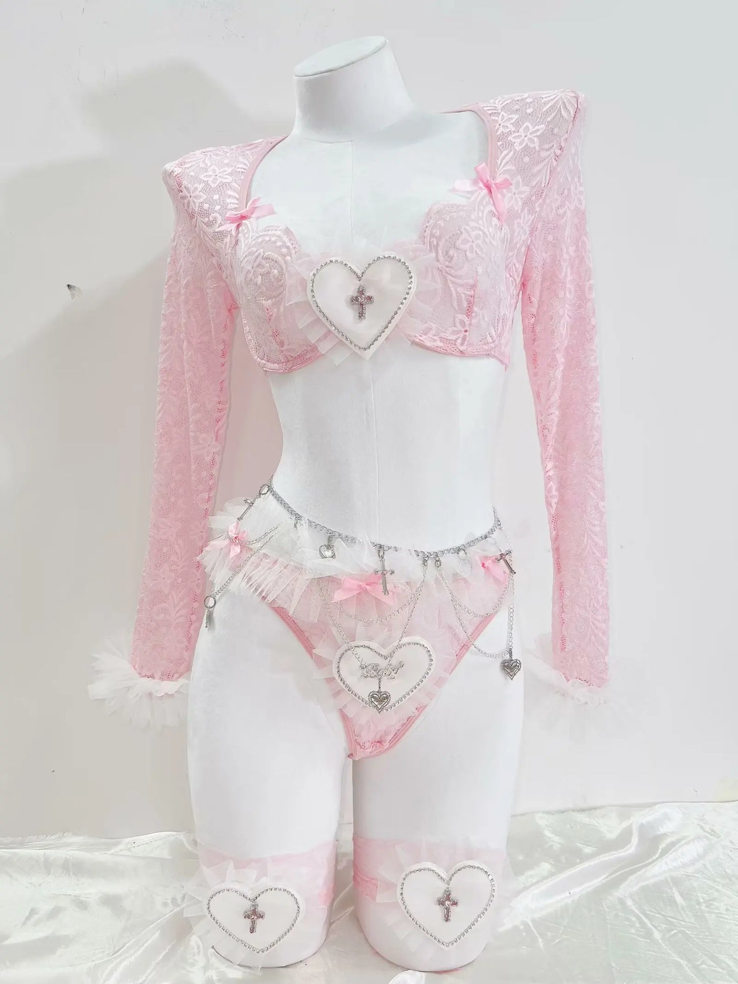 Pink Lace Heart & Cross Chain Lingerie Set