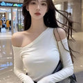 Slope-Neck Off-Shoulder Hollow Long-Sleeved Top