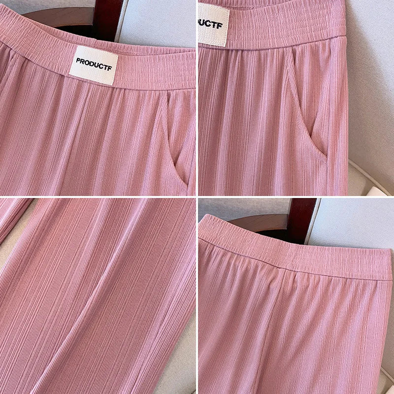 Loose Straight Leg High Waisted Ice Silk Cropped Pants